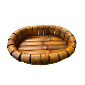 Vintage Mid Century Italian Rattan Bamboo & Wood Center Piece Basket